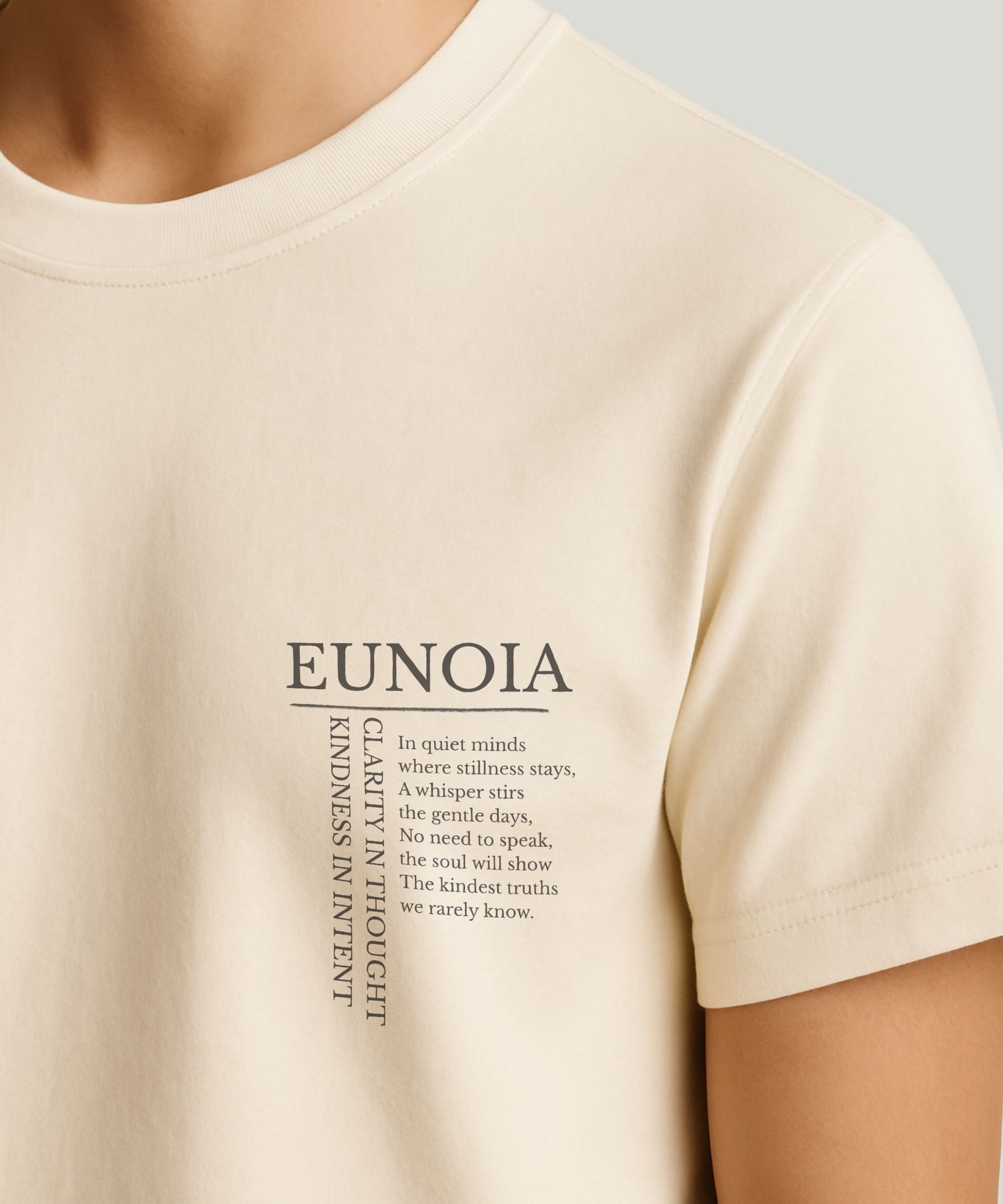 “EUNOIA t-shirt – organic cotton, natural color, unisex, mindful design by Soworn”