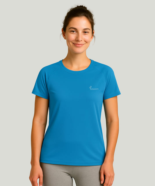 Recycled blue women's sports T-shirt with Soworn logo, made for comfort and sustainability.

