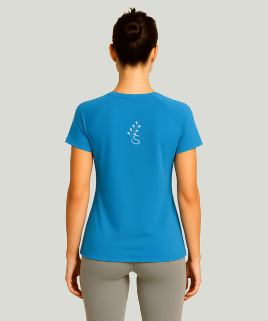 Recycled blue women's sports T-shirt with Soworn logo, made for comfort and sustainability.


