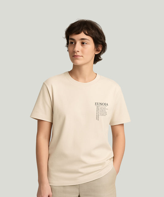 “EUNOIA t-shirt – organic cotton, natural color, unisex, mindful design by Soworn”